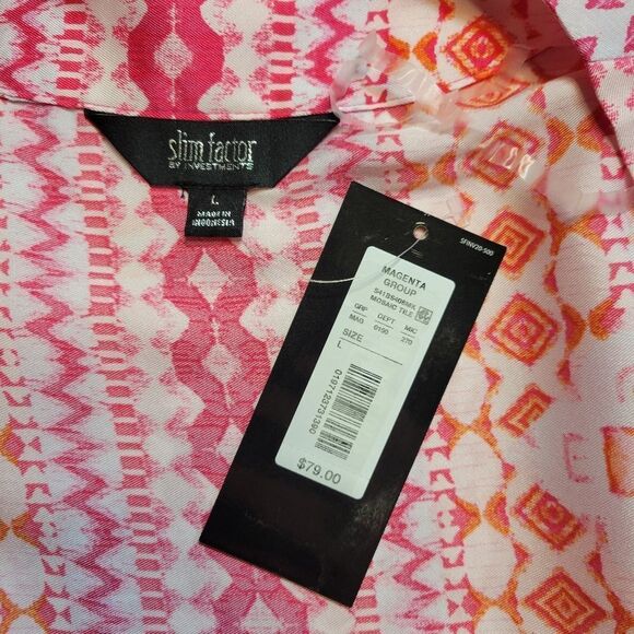 Slim Factor by Investments Plus Mosaic Tile Open Front Short Sleeve Kimono Pink - Picture 8 of 13